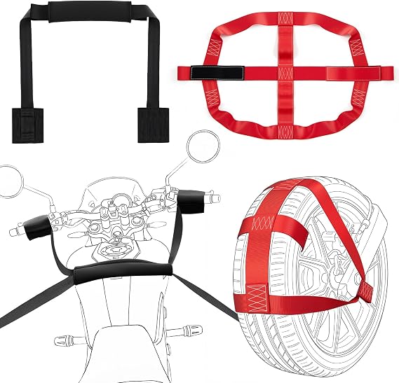 Outus Universal Motorcycle Transport Tie Down Straps Set Include Handlebar Straps for 32" Handlebars and Adjustable Motorcycle Rear Wheel Tie Down Strap for Mopeds, Scooters, Hauling Bike (Red)