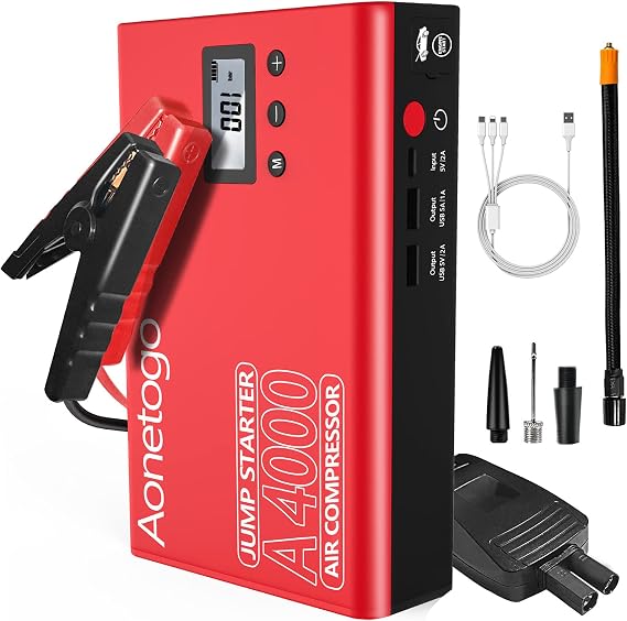 Jump Starter with Air Compressor, 2800A Peak 20000mAh Portable Battery Booster (Up to 8.5L Gas,7L Diesel Engines) with 100PSI Digital Tire Inflator,12V Car Lithium Battery Jump Box Pack Power Charger