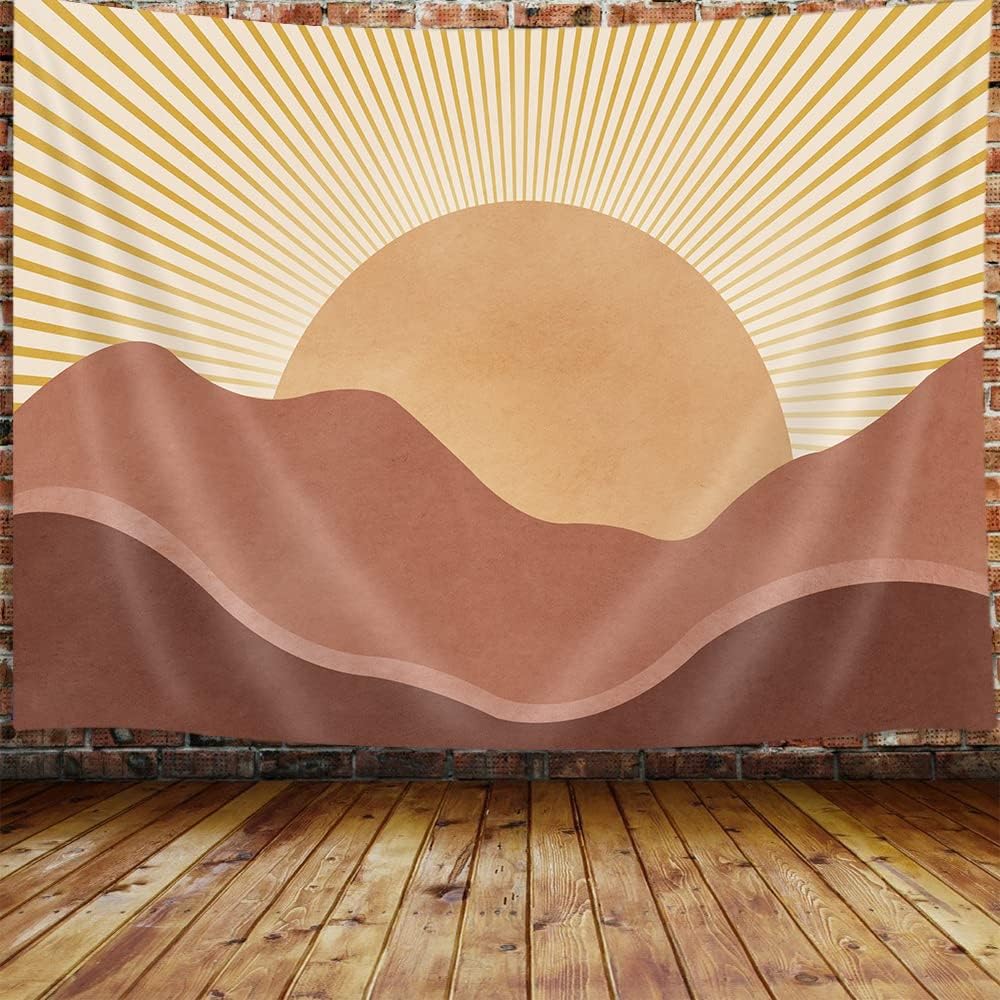 JAWO Boho Mountain Sun Tapestry, Brown Abstract Nature Golden Sunrise Tapestry Wall Hanging for Bedroom, Modern Minimalist Landscape Tapestries Poster Blanket College Dorm Home Decor 60X40inches