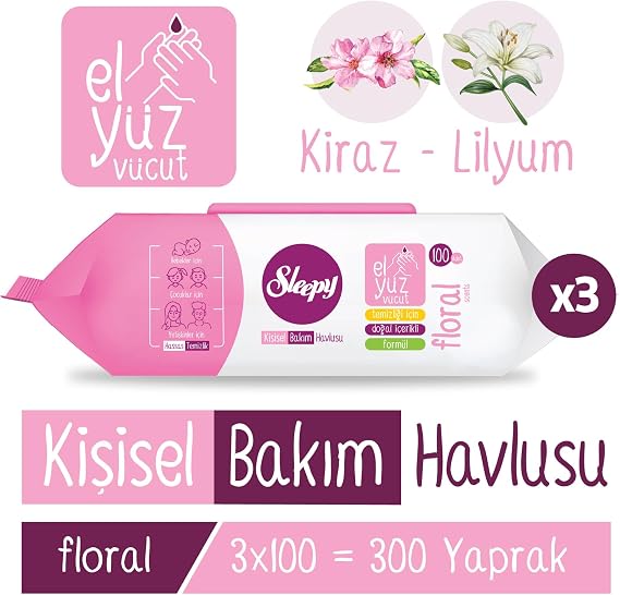 Sleepy Floral Kişisel Bakım Havlusu 3x100 (300 Yaprak)