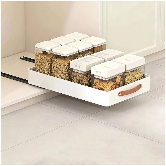 Pull Out Cabinet Organiser for Kitchen Cupboards – No-Drill Peel & Stick Slide-Out Drawer Storage Shelves with Handle