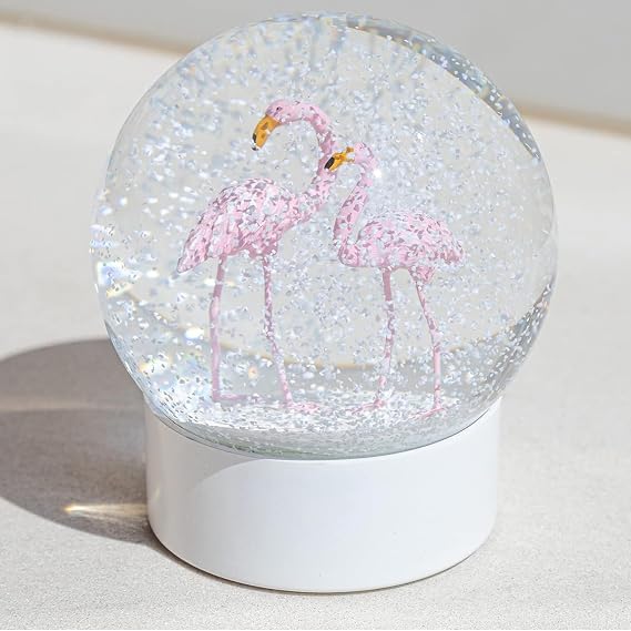 Flamingo Snow Globe and Crystal Ball with White Base, Glitter Snowball, Flamingo Snow Globe for Girls and Women Adults, 100mm Valentine's Day Gift for Her