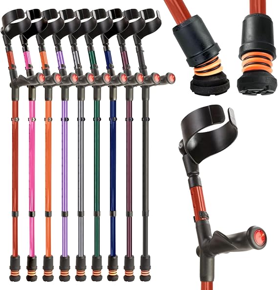 Flexyfoot Shock Absorbing Comfy Grip Double Adjustable Crutch - Improves Safety, Improves Grip, Reduces Shocks & Jarring Left Handed - Red