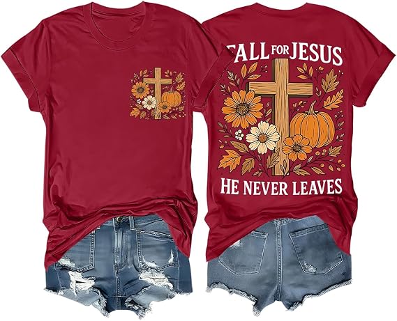 Fall for Jesus He Never Leaves Shirt Vintage Christian Cross Pumpkin Floral Graphic Autumn Short Sleeve Tops