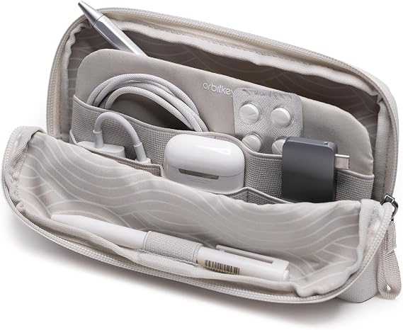 orbitkey KonMari Desk Pouch - Stone Portable Tech Organizer | KonMari Edition | Fold-Down Workstation | Self-Standing Design | Recycled Water-Resistant Fabric