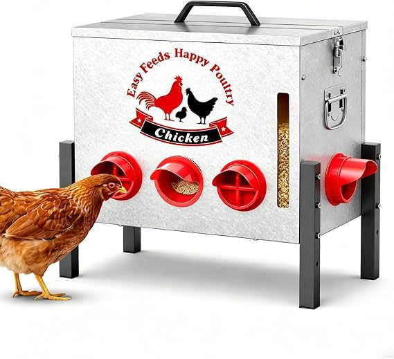 55LB Automatic Chicken Feeder with 8 Feeding Ports, Window, Locking Lid, Height Adjustable, Rat-Proof, Poultry Feed Storage Container for Chickens Ducks Geese, Chicken Coop Accessories