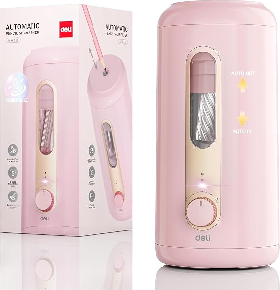 deli Electric Pencil Sharpener, Fully Automatic Pencil Sharpener, Pink | Suitable for 6.9-10.8mm Colored/Jumbo Pencils, Auto in & Out, Rechargeable Hands-Free Sharpener for Classroom Home Office,