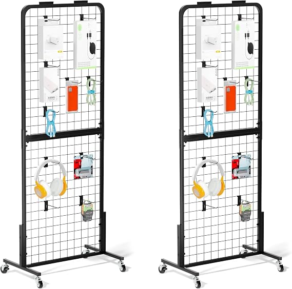 Grid Wall Panel Display Stand, Retail Rack, Shop Display, with 30 Hooks, Heavy Movable Detachable Gird Rack for Easy Transport, Double Side Display Stand, for Shop/Office/Home (2 PCS)