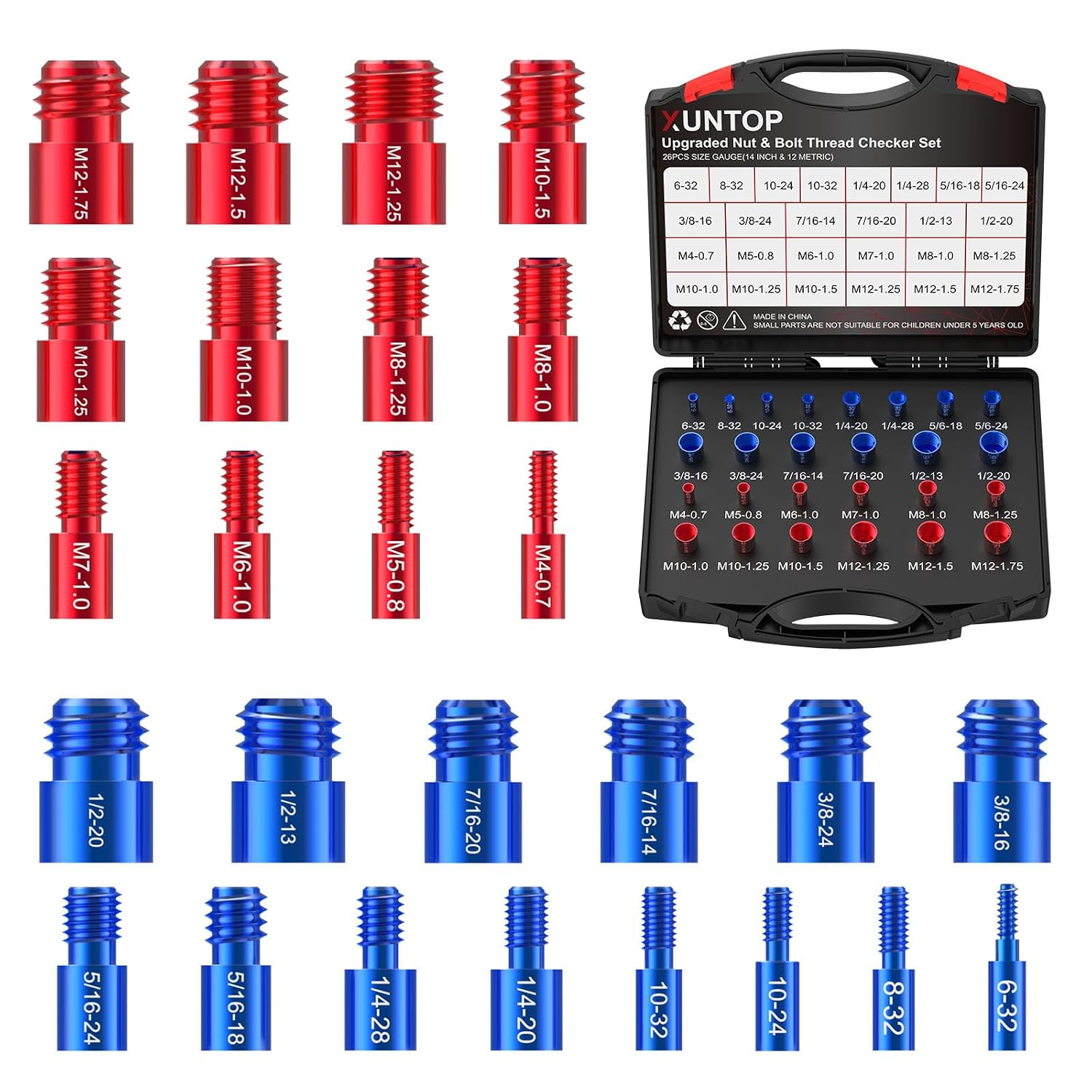 XUNTOP 26PCS Thread Checker 14Standard & 12Metric Nut and Bolt Thread Checker for Screw Measurement Aluminium Alloy Thread Gauge Box Set for Auto Repair DIY in Tricky and Narrow Area