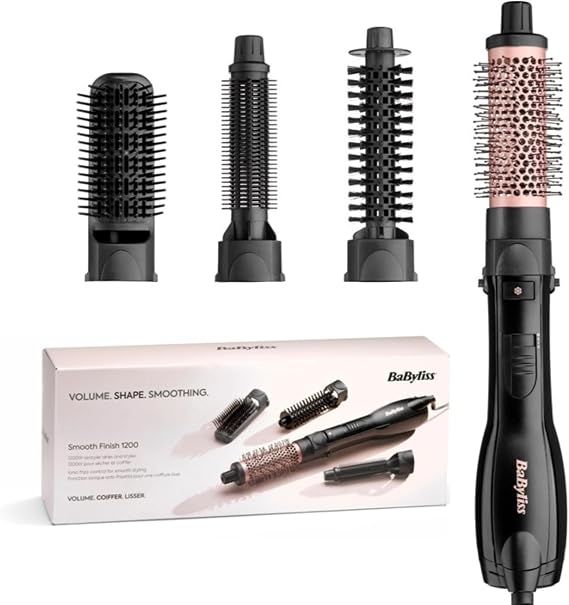 BaByliss Smooth Finish 1200 4-in-1 Hot Air Brush for Drying, Smoothing, Volumizing and Shaping, Ionic & Ceramic Technology, 4 Accessories, 1200W, Black/Pink, AS122E