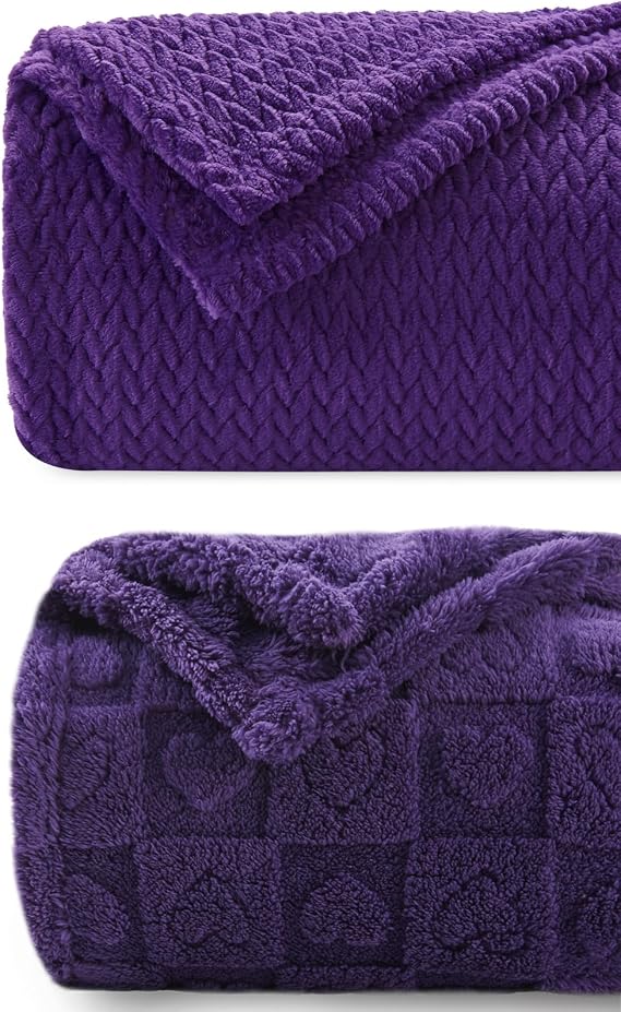 NEWCOSPLAY Dark Purple Leaves Pattern Throw Blanket & 3D Heart Checkered Jacquard Purple Heart Throw Blanket
