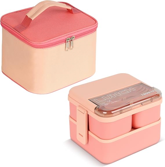 Lunch Box, 1800ML Bento Box with Compartments, Stackable 2 Layer Reusable Meal Prep Containers with Thermal Bag & Cutlery for Adults & Kids - Office, School, Travel (Pink)