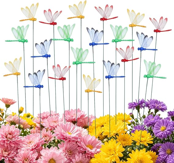 Fake Dragonfly Garden Stakes, 20 Pack 12 Inch Spring-Mounted 4 Colors