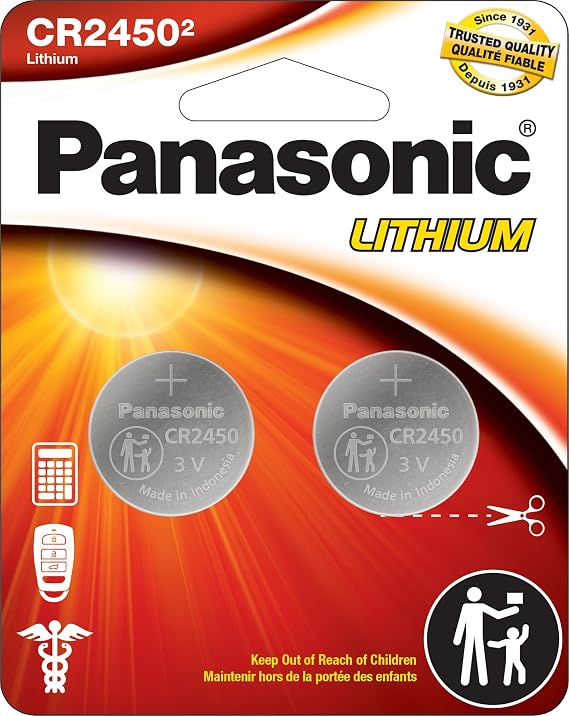 Panasonic CR2450 3.0 Volt Long Lasting Lithium Coin Cell Batteries in Child Resistant, Standards Based Packaging, 2-Battery Pack
