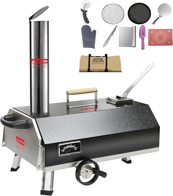 12" Outdoor Pizza Oven, Portable Pellet Pizza Oven with 360 Manual Rotating Turntable, Wood Fire Pizza Oven with Built-In Thermometer, Pizza Cutter, Carry Bag, Ideal for Backyard, Patio, Black