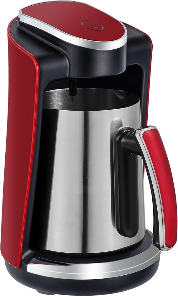 Sadaf One-Touch Mediterranean Coffee Maker Electric Turkish, Greek, and Armenian Coffee Machine - Stainless Steel Coffee Maker - Foam Control & Overflow Sensor - Middle Eastern Cuisine - 250ml, Red