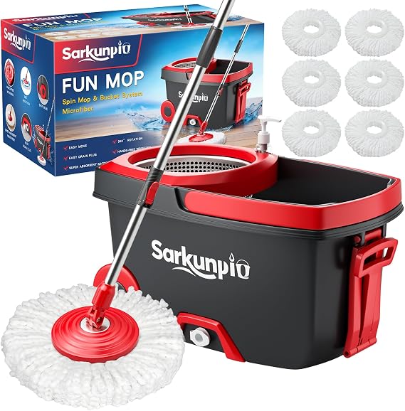 Spin Mop and Bucket Set with 6 Mop Heads, Dark Grey