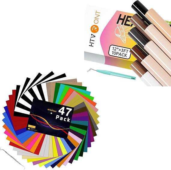 HTVRONT 47 Pack 12" x 10" HTV Heat Transfer Vinyl Sheets & 10 Pack 12" 3FT Skin Tone HTV Vinyl Bundle for T-Shirts