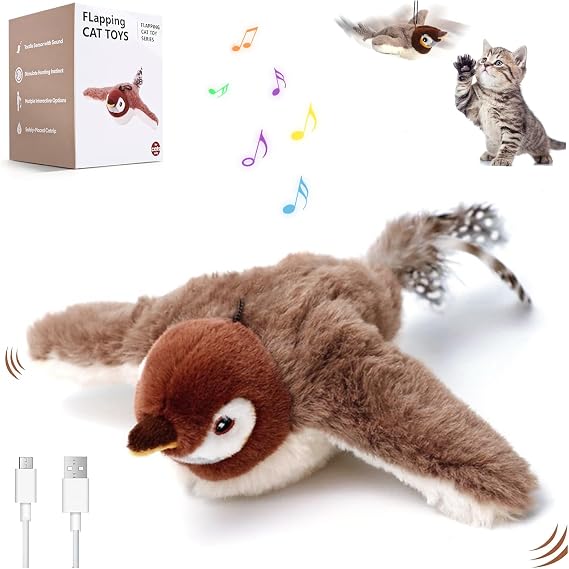 Bird Cat Flapping Chirping Realistic Plush Toys with Catnip for Indoor Kittens to Chase, Bite, Chew and Kick
