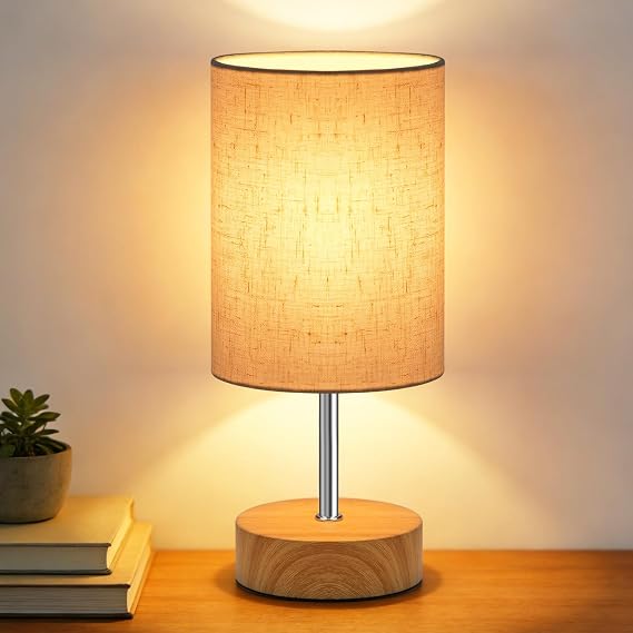 Touch Control Table Lamp, Dimmable Touch Control Bedside Lamp Small Table Lamp with Wood Grain Base ＆ Linen Fabric Shade for Bedroom,Living Room,Children's Room,Bulb Included [Energy Class F]