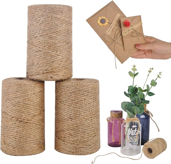 1140 Feet 1mm 2ply Natural Jute Twine for Artworks and Crafts, Juke, Gift Wrapping, Garden (3 PcsX380 Feet)