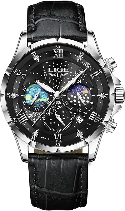 LIGE Waterproof Watches for Men Analog Dress Water Proof Chronograph Work Casual Leather Water-Resistant Lunar Phase Display Quartz Wristwatch with Date & Luminous Men's Wrist Watch