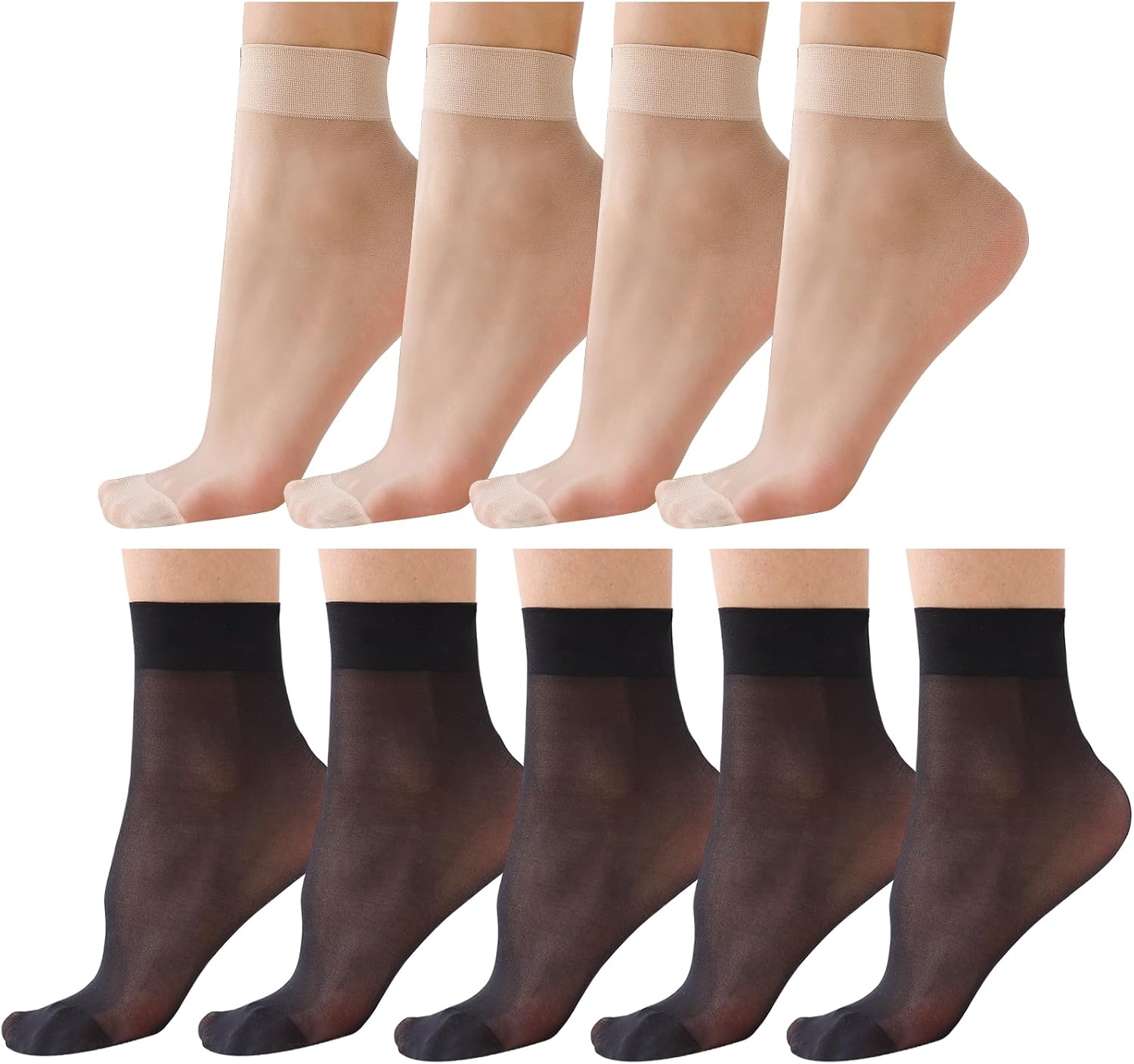 9 Pairs Ankle Sheer Socks for Women 20 Denier Nylon Socks Ladies Black Nude One Size