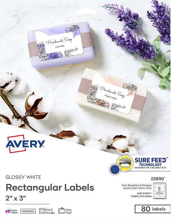 Avery®光沢ホワイトラベル、Sure Feed®テクノロジー、2インチ x 3インチの長方形ラベル、端に印刷、レーザー/インクジェット、合計80枚22890