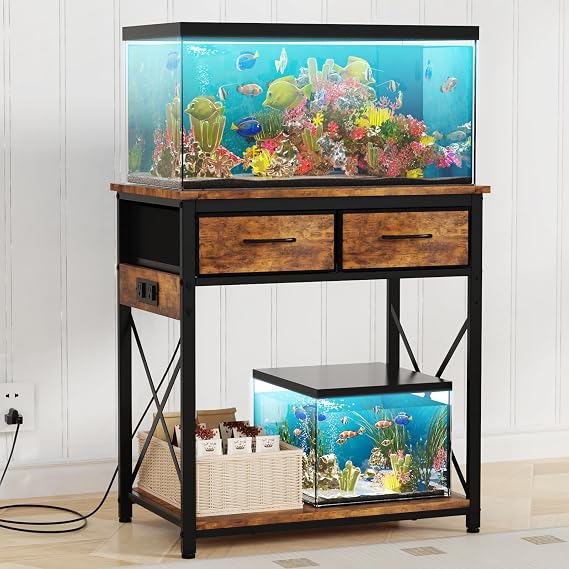 20-29-37 Gallon Fish Tank Stand with Power Outlets and 2 Drawers, Brown
