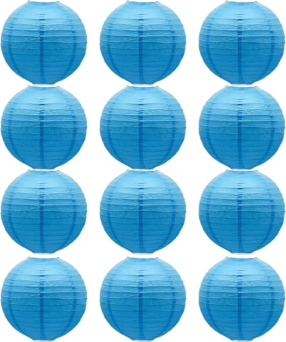 Sky Blue Paper Lanterns Decorative Hanging Round Shape Lanterns 8inch 12Pcs