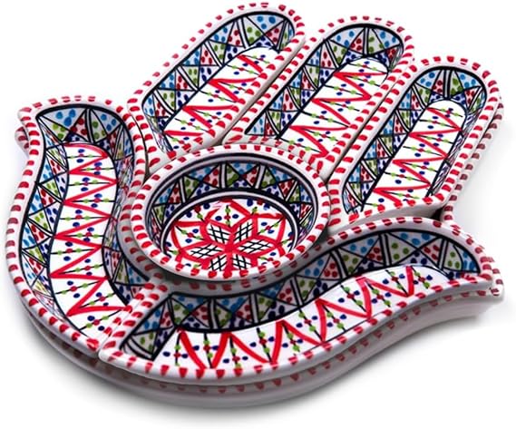 Kamsah Hamsa Serving Platter 7-Piece Hand-Painted Ceramic Colorful Serving Dishes for Snacks, Appetizers, Dips and More Moroccan Decorative Platters for Celebrations, Parties and Events