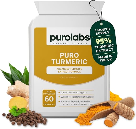 Purolabs Turmeric and Black Pepper Capsules (High Strength) - 95% Curcumin Extract Tablets with Ginger for Men & Women | 60 Vegan Capsules | Made in The UK