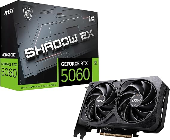 MSI GeForce RTX 5060 8G Shadow 2X OC Graphics Card, 8GB GDDR7 (28Gbps/128-bit), PCIe 5.0, Dual-Fan Thermal Design (2x Torx 5.0), HDMI 2.1b, DP 2.1b