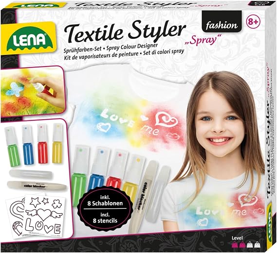 Lena 42597 Craft Styler, Complete 4 Colours, 1 Glitter Decorating, 8 Stencils and Contour Pencil, Design Set for Children from 8 Years, Textile Spray Paint, Mittel