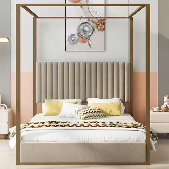 Gold Canopy Bed Frame Queen Size with Upholstered Headboard