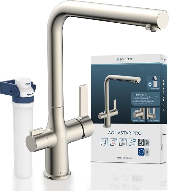 SCHÜTTE Aquastar Pro 99805 Kitchen Sink Tap with 3-Way Filtration System and Water Filter for Limescale and Heavy Metals Stainless Steel Look