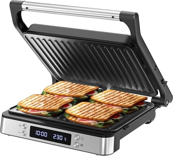 Olvy XL Sandwich Toaster Contact Grill With Temperature Control Opens Flat For 4 Sandwiches Panini Press Large Capacity For Quick Toasting