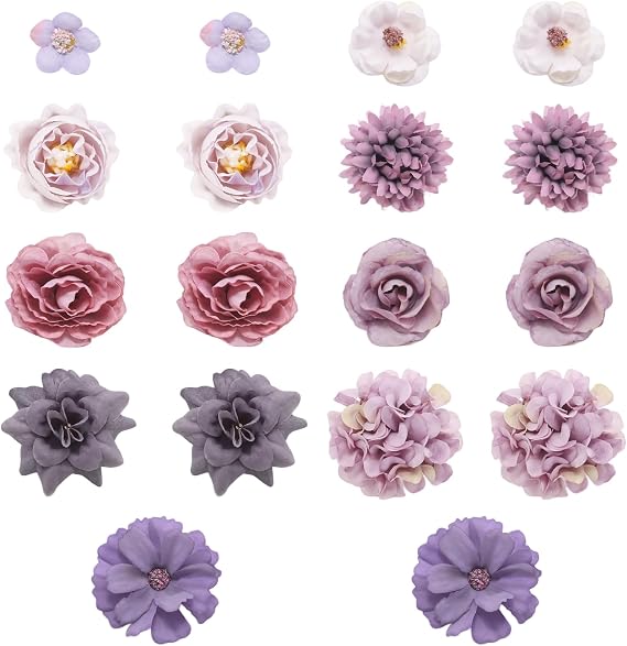 18Pcs Mini Artificial Flower Heads, Fake Flower Heads Bulk, Purple | Handmade Artificial Daisy Roses Peonies Faux Flowers for DIY Crafts Cake Wedding Party Home Decoration Hair Dresses Wreath