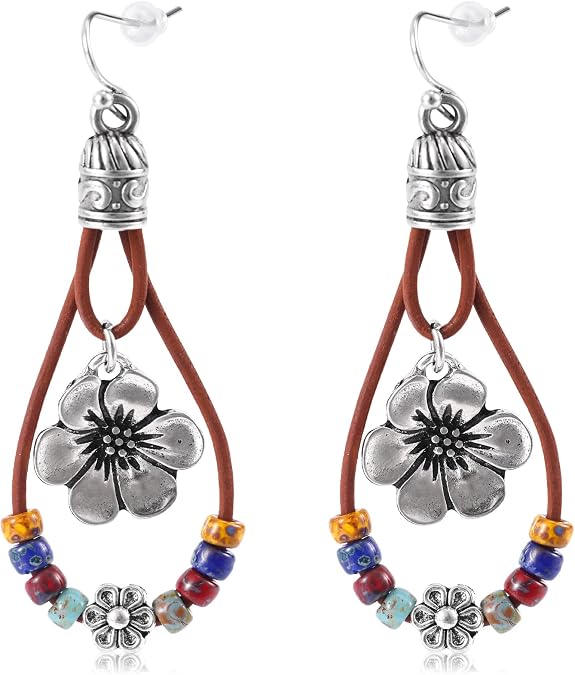 Boho Flower Earrings,Bohemian Western Leather Dangle Drop Earrings with Nature Stones Vintage Handmade Country Concert Outfits Accessories for Women Her
