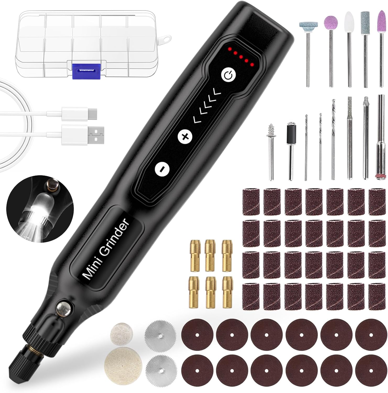 Cordless Mini Rotary Tool Set - 64Pcs Accessories 5 Speed 5000-18000rpm Multi-Purpose Mini Electric Grinder Kit 3.7V USB Rechargeable with Light for Engraving Grinding Polishing Cutting Sanding DIY