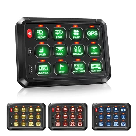 RGB 12 Gang Switch Panel 3 Silicon Button, High Power 5-Level Brightness Dimmable Multifunction Switches Momentary Strobe Circuit Control Relay System for Car SUV Truck Waterproof