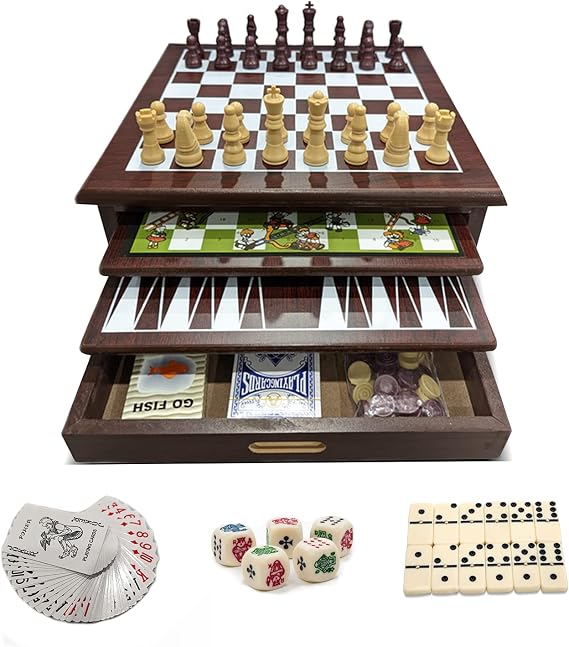 15-in-1 Tabletop Game Center - Portable Wooden Combo Game Board - Unique Set with Dice, Dominos, Playing Cards & Game Pieces - for Kids & Adults - Wood Finish, 12x12x5.5
