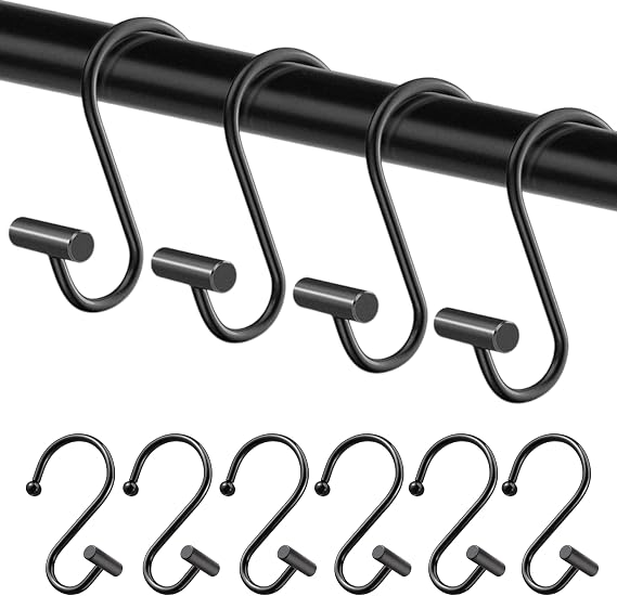 12PCS Black Rust-Proof Shower Curtain Hooks, Matte Black Metal Double Shower Curtain Bathroom Hooks for Inside Shower Ideal Bathroom Hooks Designed for Shower Use