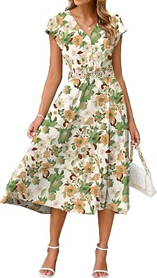 BerryGo Womens Floral Boho Ruffle Summer Midi Dress Short Sleeve V Neck Empire Waist Swing Flowy Dress