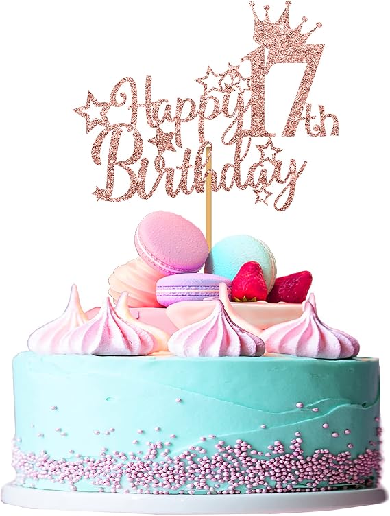 Ufocusmi 17th Birthday Decorations for Girls, Glitter Rose Gold Happy 17th Birthday Cake Topper, 5.9x4.75 inch