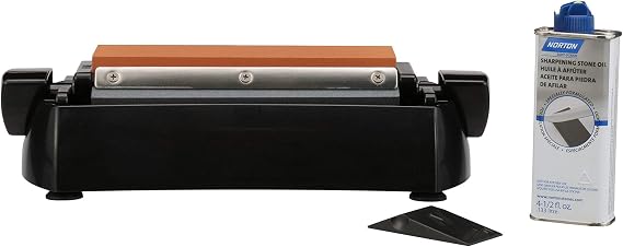 Norton IM200 Knife Sharpener Oil Stone Sharpening Stone Kit with CoarseMedium Crystolon and Fine India Stones, Sharpening Stone Oil and Knife Angle Guide
