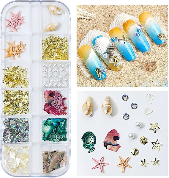 3D Starfish Conch Pearl Rivets Shell Pieces Nail Art Glitter Flakes Decorations, Mix Gold Metal Stars Shell Nail Studs Jewelry Accessories Suitable for Women Acrylic Nails Supplies DIY Crafts Sequins