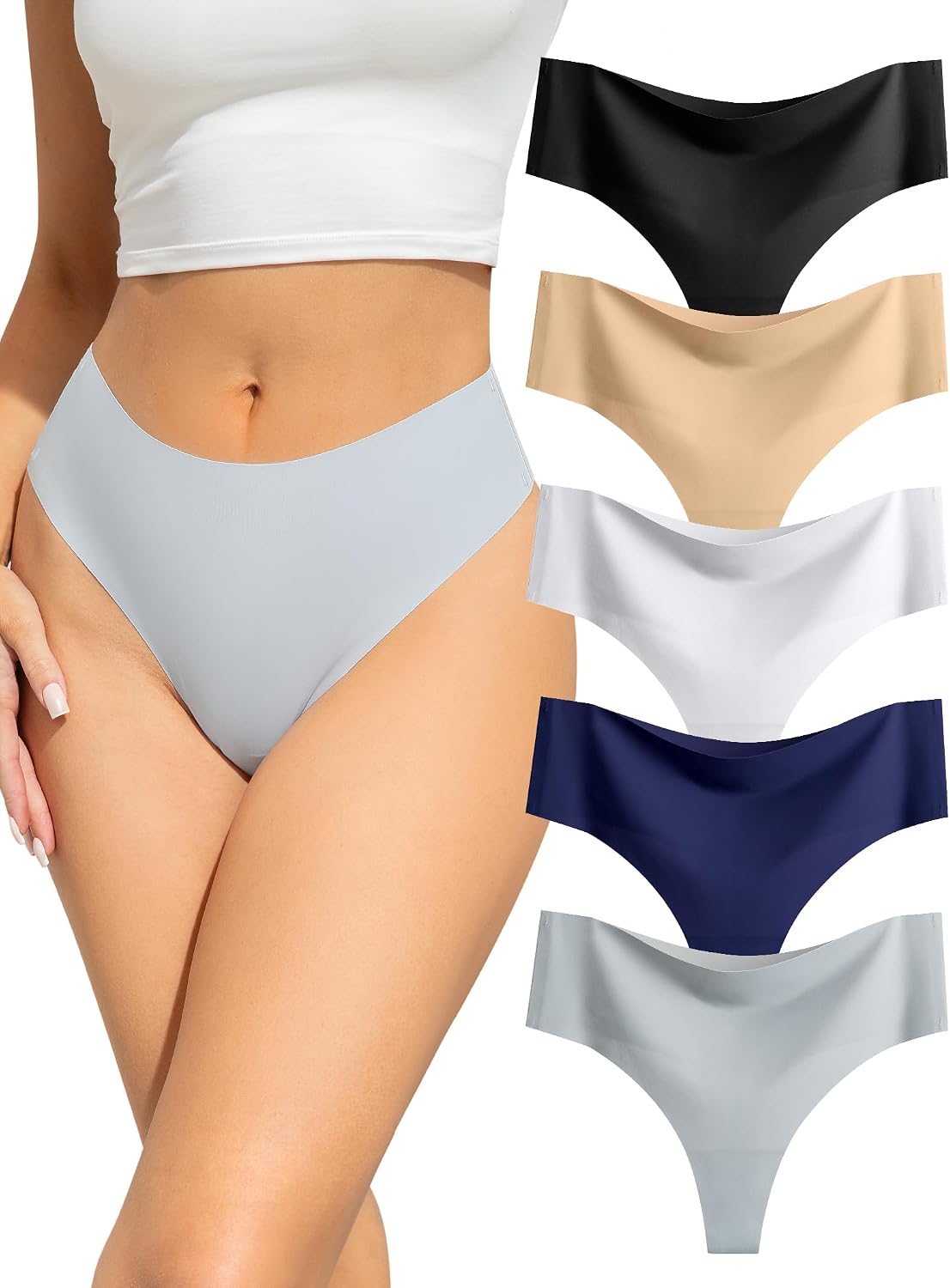 VOENXE Seamless Women Underwear Thongs,High Waisted No Vpl Knickers,Invisible Ladies Panties Multipack,No Show Breathable Comfy Pants,High Rise Female Gym String,Seam Free Soft Workout Tanga,5 Pack