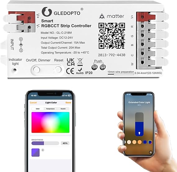 GLEDOPTO Matter RGBCCT LED Strip Controller 20A Max for PWM Analog LED Strip Light APP Voice Control RGBW RGB Dimmable Work with Homekit Google Echo Alexa (Matter 218M) [Energy Class G]