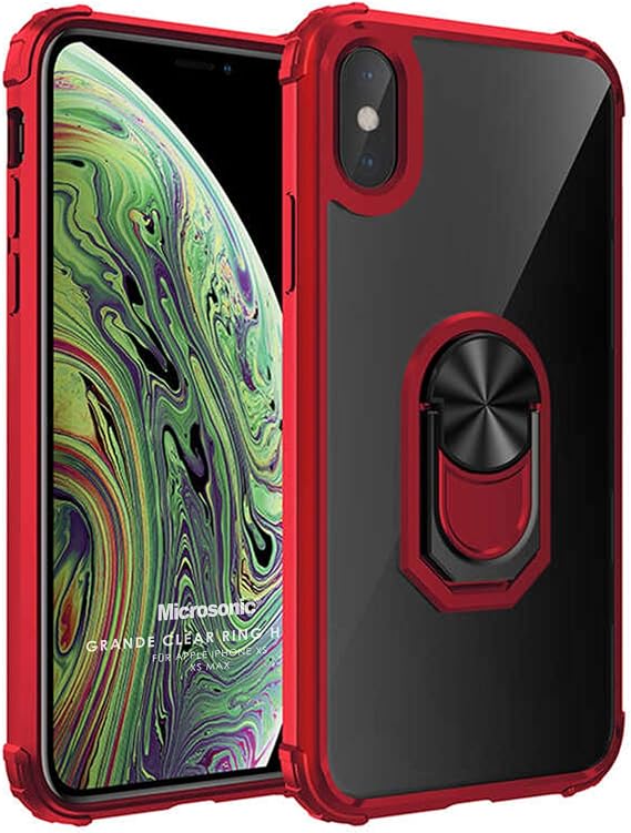 Microsonic Apple iPhone X için Kılıf Grande Clear Ring Holder Kırmızı [iPhone X ile Uyumlu Kılıf - Kırmızı]